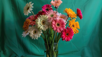 Colorful Barberton daisies in a vase on a green backdrop