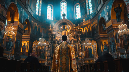 Obraz premium Priest in communion moment in an Orthodox church, surrounded by intricate iconography and traditional elements