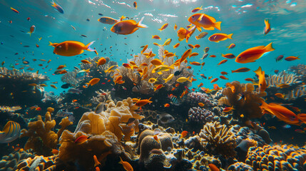 Fototapeta premium Beautiful and colorful tropical fish with coral reef in the deep sea underwater background