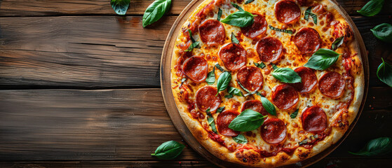 Delicious pepperoni pizza with fresh basil leaves on a rustic wooden table, perfect for food blogs, menus, and culinary publications.