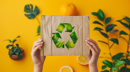 Minimalistic photo of a man holding a paper with a recycling symbol, highlighting waste management and sustainability against a bright backdrop.

