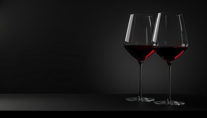 Photo of two full with red wine glasses on empty space isolated on black color background