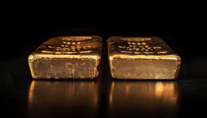 Photo of two gold bars on empty space isolated on black color background