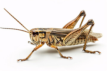 A highly detailed close-up of a grasshopper against a white background showcasing its intricate patterns and textures