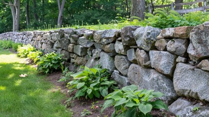 Historic stone wall with granite rocks as decorative border for estate and wildlife habitat