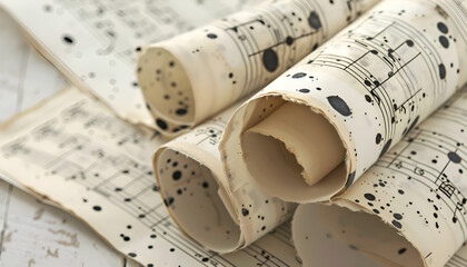 Rolled sheets with music notes on light background, closeup