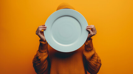 Image of hands holding empty plate, symbolizing food insecurity against vibrant backdrop.

