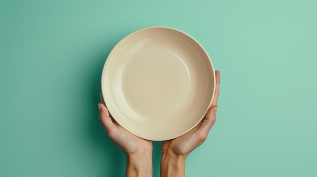 Symbolic image of empty plate in hands, highlighting global hunger against vibrant backdrop.

