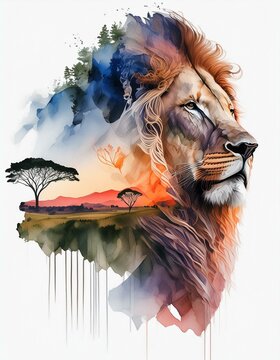 Double exposition &agrave; l&rsquo;aquarelle d&rsquo;un lion et de la savane