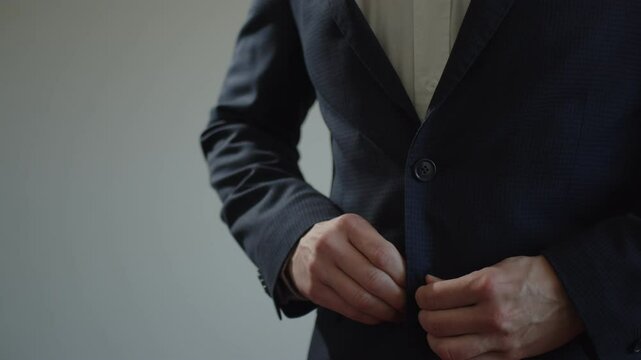 A young adult man fastens the buttons on a business suit on a white background. Close-up of a body part