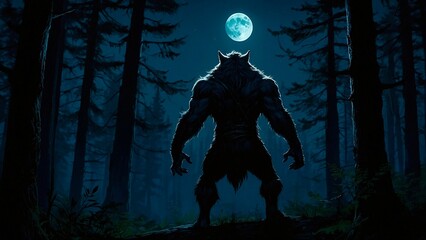 Fototapeta premium A silhouette of a werewolf standing in the dark forest under the light of full moon. Mythical monster creature fantasy illustration concept wallpaper.