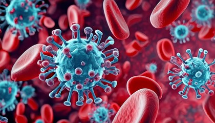 Microscopic enlargement of blue virus among red Blood cells in Artery - floating cells in body -covid, influenza, sars, corona, hiv, mers, cholera, variola, measles - disease organisms