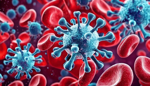 Microscopic enlargement of blue virus among red Blood cells in Artery - floating cells in body -covid, influenza, sars, corona, hiv, mers, cholera, variola, measles - disease organisms