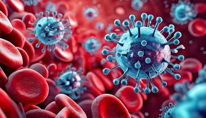Microscopic enlargement of blue virus among red Blood cells in Artery - floating cells in body -covid, influenza, sars, corona, hiv, mers, cholera, variola, measles - disease organisms