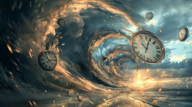 Surreal and abstract image of a stormy sky with a large wave of time passing through it.