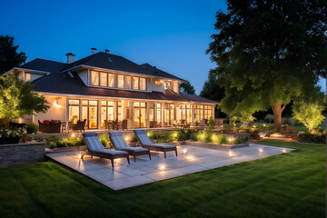Obraz premium Summer evening on the patio of beautiful suburban house with lights in the garden garden 