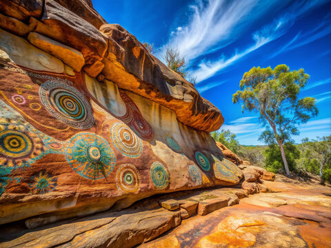 Vibrant ochre and turquoise Aboriginal rock art adorns ancient sandstone formations in Australia's Northern Territory, showcasing the rich cultural heritage of the country's First Nations.