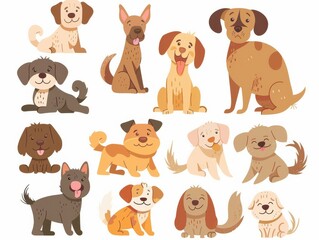 Fototapeta premium Playful doodle set of cartoon dogs and puppies in various poses. Illustration.