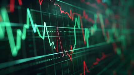 Abstract depiction of fluctuating stock market data with green and red graph lines on a dark background, representing financial analysis. Abstract blur background.