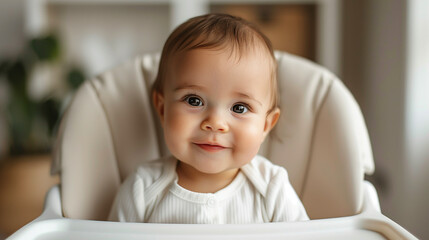 Fototapeta premium Baby under one, seated on a light chair, softly smiling with natural light emphasizing facial features. Light background enhances purity and joy.