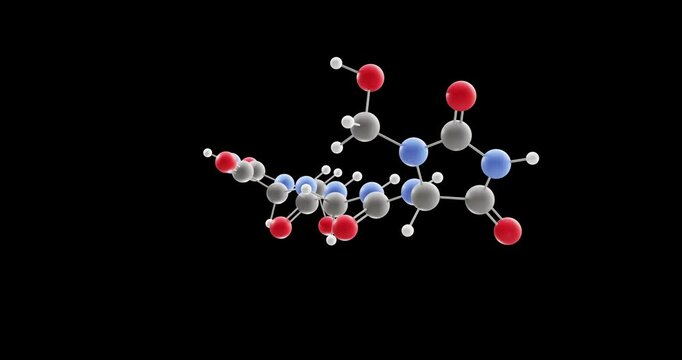 Imidazolidinyl urea molecule, rotating 3D model of antimicrobial preservative, looped video on a black background