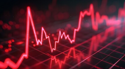 Abstract red graph line with glowing points on a dark background, representing financial data, analytics, or market trends. Abstract blur background.