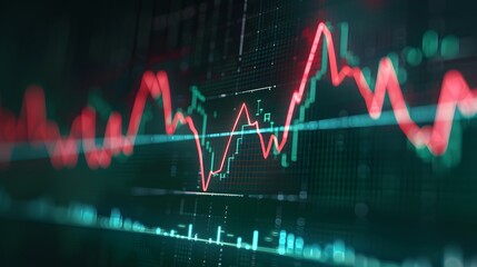 Close up view of financial stock market graph showing red and green lines indicating profit and loss trends in the trading industry. Abstract blur background.