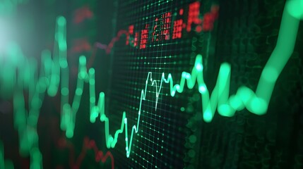 Close-up of a financial stock chart with green and red lines, representing market trends and trading data. Abstract blur background.
