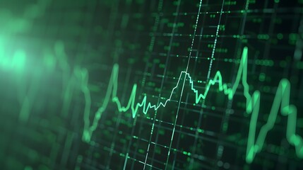 Close-up of a glowing green financial chart on a digital screen, depicting market trends and data analysis in a stock market environment. Abstract blur background.