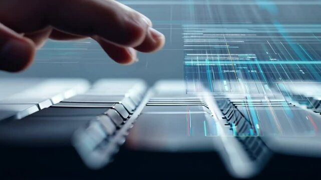 Slow motion close up of men hand typing on key bord laptop with digital interface