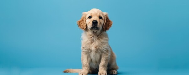 A happy golden retriever puppy is sitting on a blue surface. Free copy space for banner.