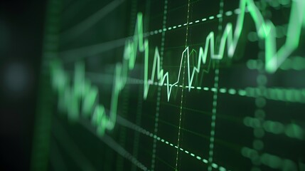 Fototapeta premium Close-up of a green stock market graph showing fluctuating financial data. Representing economic growth, investment analysis, and financial trends. Abstract blur background.