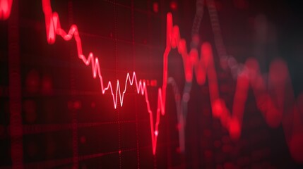 Close-up of a red declining graph showing market volatility and economic downturn. Perfect for financial crisis and investment risk content. Abstract blur background.