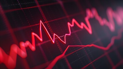 Fototapeta premium Close-up of a red financial chart graph on a dark background, depicting market trends and data analysis. Abstract blur background.