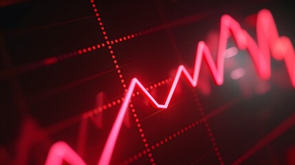 Fototapeta premium Close-up of a red stock market graph with a fluctuating line, depicting financial market trends and data analysis, suitable for financial concepts. Abstract blur background.