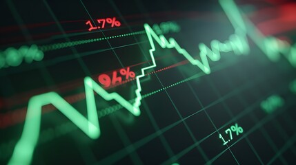 Close-up of a stock market chart showing live business and trading data with green and red lines representing market trends. Abstract blur background.