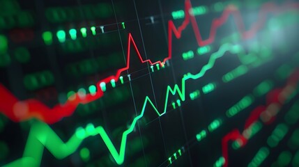 Fototapeta premium Close-up of stock market chart with green and red lines showing fluctuations in price, representing trading data and financial analysis. Abstract blur background.