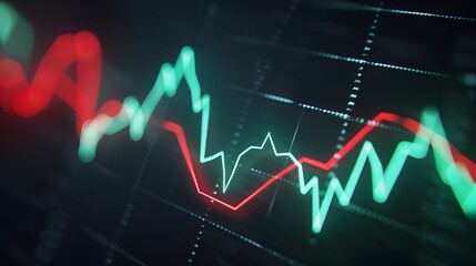 Fototapeta premium Close-up view of a fluctuating stock market graph with green and red trend lines, representing financial data and investment analytics. Abstract blur background.