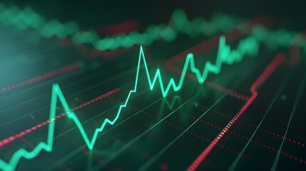 Fototapeta premium Digital financial graph showing market trends with green and red lines, representing stock trading data and economic analysis. Abstract blur background.