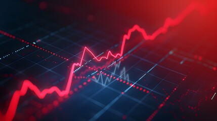 Digital stock graph showing an upward trend with red lines on a dark background, signifying growth and financial investment analysis. Abstract blur background.