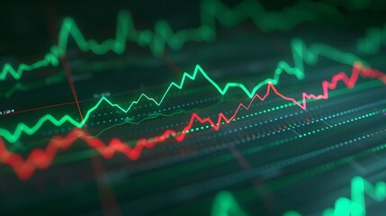 Fototapeta premium Dynamic digital stock market graph showcasing trading trends with fluctuating green and red lines, representing financial data and stock performance. Abstract blur background.