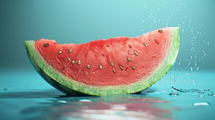 Refreshing, juicy watermelon slice with water droplets on blue background
