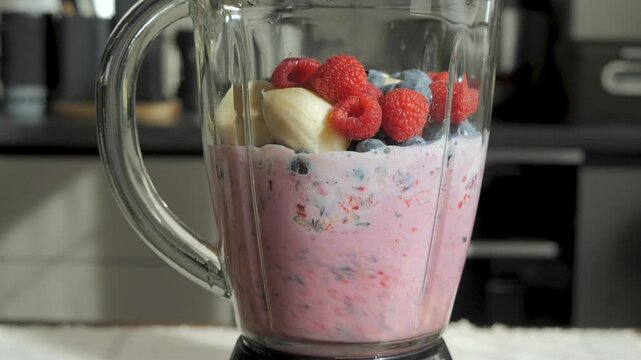 Making a Smoothie With Bananas, Raspberries, and Blueberries