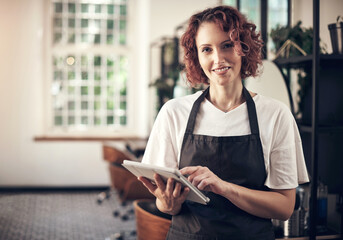 Hair salon, portrait and woman with tablet at work for client, appointment and booking information. Small business, stylist and person with tech in spa for online, portfolio or beauty tips on website