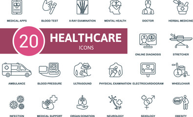Healthcare thin line icon set. Medical Apps, Blood Test, X-Ray Examination, Mental Health, Doctor, Herbal Medicine, Online Diagnosis, Stretcher, Ambulance, Blood Pressure icons and more