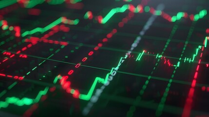 Fototapeta premium Dynamic stock market chart with green and red lines, representing financial growth and decline trends in vibrant detail. Abstract blur background.
