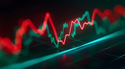 Obraz premium Dynamic stock market graph with fluctuating red and green lines representing financial trends and investment data. Perfect for finance themes. Abstract blur background.
