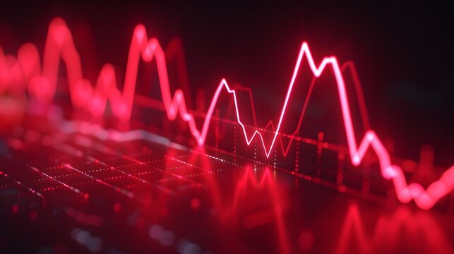 Glowing red financial stock market chart showing fluctuating data trends and statistics. Perfect for investment, finance, or technology contexts. Abstract blur background.