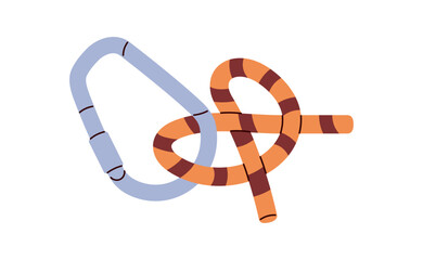 Half hitch knot of striped rope with carabiner. Tutorial of hiking node, cord bundle with carabine for belaying. Technique of marine bond closeup. Flat isolated vector illustration on white background