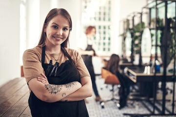 Portrait, woman and hairdresser in apron, arms crossed and small business for haircare, employee...